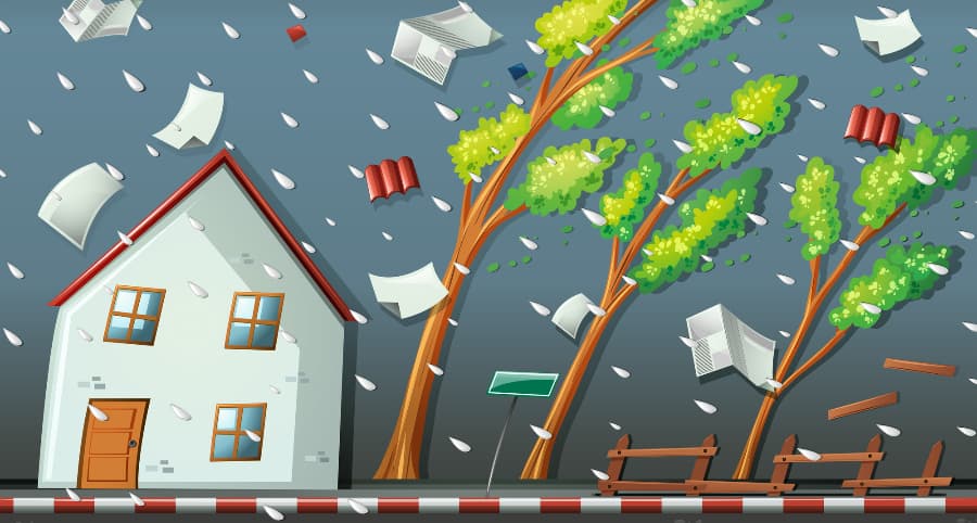 Illustration of a storm impacting a residence and the surrounding environs